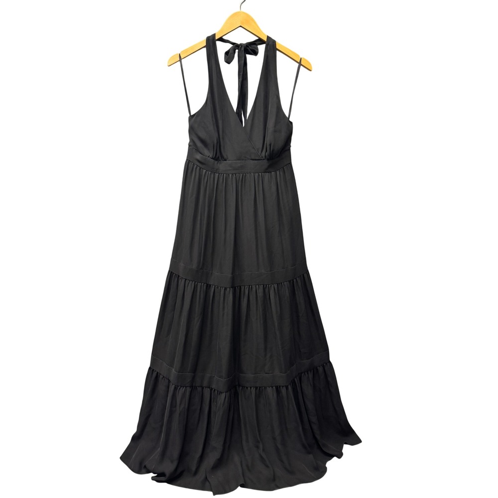 Talbots Silk Maxi Dress Womens 8P Petite 8 Halter Tiered Black Gown Formal